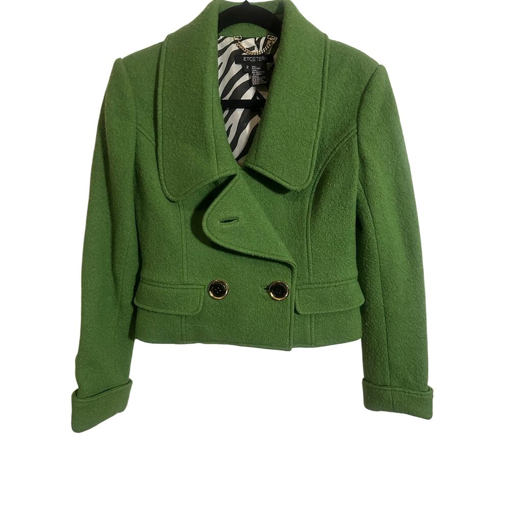 Etcetera Women’s Size 2 Green 100% Wool Blazer Zebra Lined